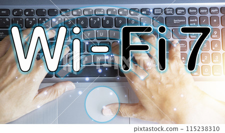 concept man using wifi technology 7 connected to the internet world with new technology concept man using wifi technology 7 connected to the internet world with new technology 115238310