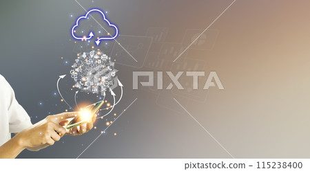 Concept of business men using cloud computing online, convenient, economical, energy-saving and low-cost. 115238400