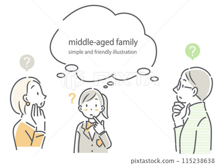 A middle-aged couple thinking about education with their daughter - simple and stylish line drawing illustration A middle-aged couple thinking about education with their daughter - simple and stylish line drawing illustration 115238638