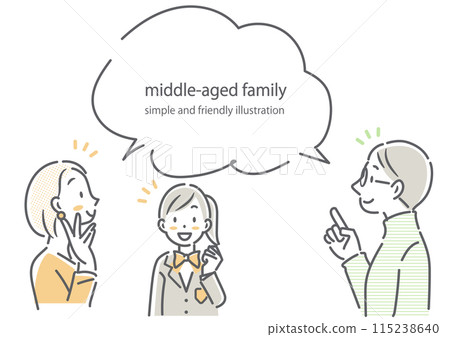 A middle-aged couple thinking about education with their daughter - simple and stylish line drawing illustration A middle-aged couple thinking about education with their daughter - simple and stylish line drawing illustration 115238640
