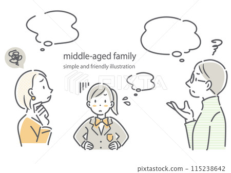 A middle-aged couple thinking about education with their daughter - simple and stylish line drawing illustration A middle-aged couple thinking about education with their daughter - simple and stylish line drawing illustration 115238642
