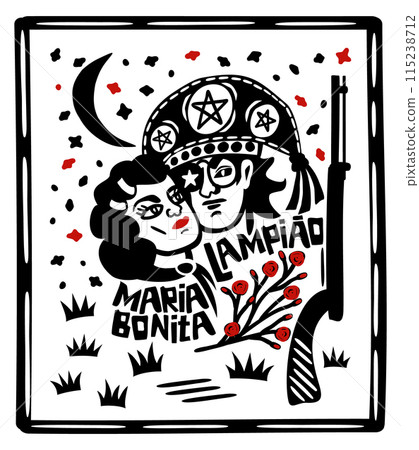 Lampiao and Maria Bonita. Bandits, folk heroes of Brazil. Brazilian cordel style. Northeast woodcut Lampiao and Maria Bonita. Bandits, folk heroes of Brazil. Brazilian cordel style. Northeast woodcut 115238712