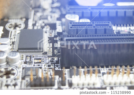 Close-up top view of motherboard, computer motherboard Close-up top view of motherboard, computer motherboard 115238990