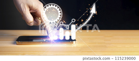 business man concept with finger press on smartphone, business success 115239000