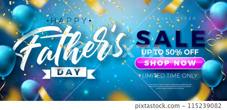 Father's Day Sale Promotional Business Illustration with Party Balloon and Falling Gold Confetti on Blue Background. Vector Special Holiday Offer Illustration for Best Dad. Template for Coupon 115239082