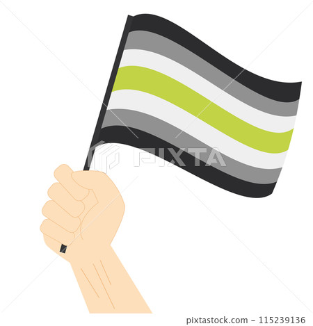 Hand holding and raising Agender pride flag isolated on white background Hand holding and raising Agender pride flag isolated on white background 115239136
