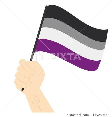 Hand holding and raising Asexual pride flag isolated on white background 115239148