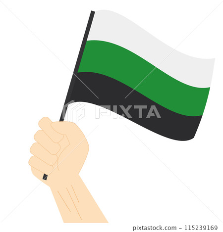 Hand holding and raising Neutrois pride flag isolated on white background 115239169