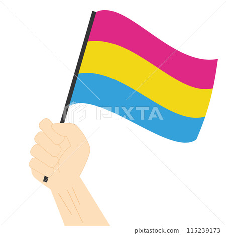 Hand holding and raising Pansexual pride flag isolated on white background Hand holding and raising Pansexual pride flag isolated on white background 115239173
