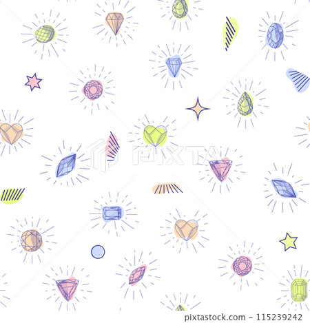 Gemstone crystal seamless pattern. Pastel gems and stars on white background Gemstone crystal seamless pattern. Pastel gems and stars on white background 115239242