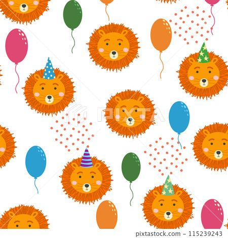 Seamless pattern with cute animal faces. Holiday illustration, birthday, balls, caps 115239243