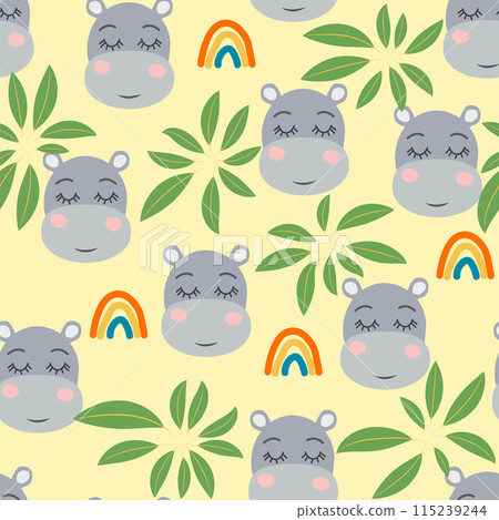 Seamless pattern with cute tribal animal faces. Illustration in boho style, dream catcher, cactus, palm trees, tropics Seamless pattern with cute tribal animal faces. Illustration in boho style, dream catcher, cactus, palm trees, tropics 115239244