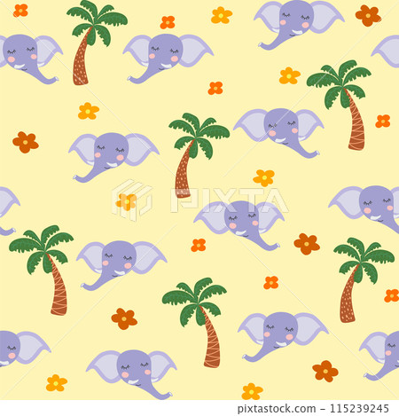 Seamless pattern with cute tribal animal faces. Illustration in boho style, dream catcher, cactus, palm trees, tropics Seamless pattern with cute tribal animal faces. Illustration in boho style, dream catcher, cactus, palm trees, tropics 115239245