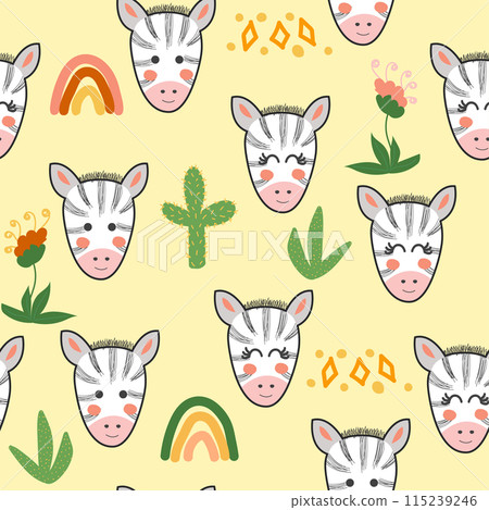 Seamless pattern with cute tribal animal faces. Illustration in boho style, dream catcher, cactus, palm trees, tropics 115239246