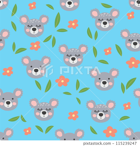 Seamless pattern with cute tribal animal faces. Illustration in boho style, dream catcher, cactus, palm trees, tropics 115239247
