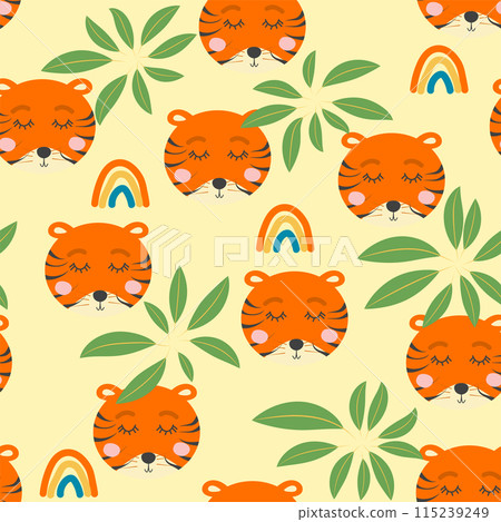 Seamless pattern with cute tribal animal faces. Illustration in boho style, dream catcher, cactus, palm trees, tropics Seamless pattern with cute tribal animal faces. Illustration in boho style, dream catcher, cactus, palm trees, tropics 115239249