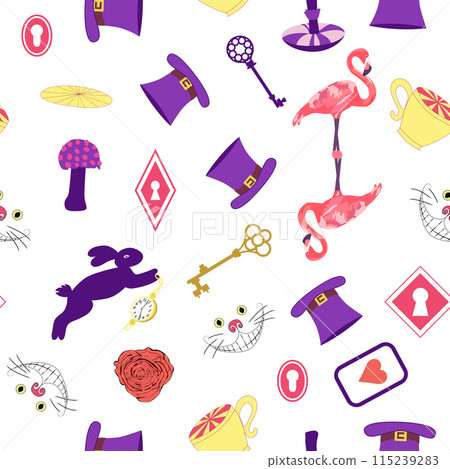 Alice in Wonderland pattern. rabbit, Cheshire cat, flamingo, cards, hat, keys, cup, mushrooms, clock Alice in Wonderland pattern. rabbit, Cheshire cat, flamingo, cards, hat, keys, cup, mushrooms, clock 115239283