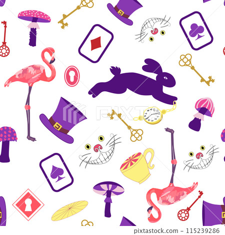 Alice in Wonderland pattern. rabbit, Cheshire cat, flamingo, cards, hat, keys, cup, mushrooms, clock 115239286