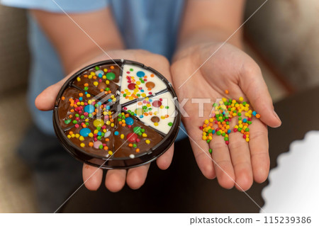 Individual holding homemade chocolate cake with colorful sprinkles 115239386