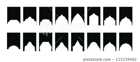 Arabic shapes windows and arches traditional ornament. Set of Islamic shape window frame in retro boho color. Vector 115239482