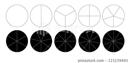 Segmented circles isolated on a white background. A different number of sectors divides the circle into equal parts. Vector 115239483