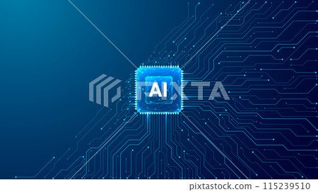 Abstract AI chip with circuit elements on dark blue technology bg. 115239510