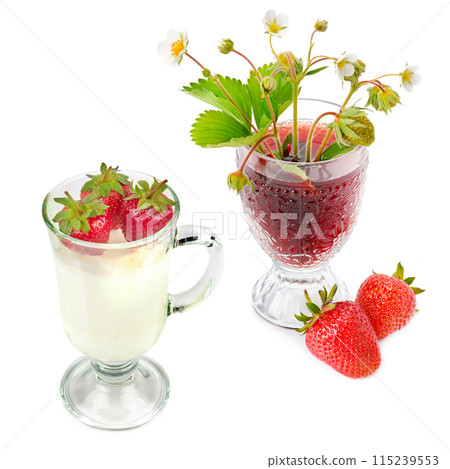 Strawberry juice and milkshake with strawberries isolated on white. Collage. 115239553