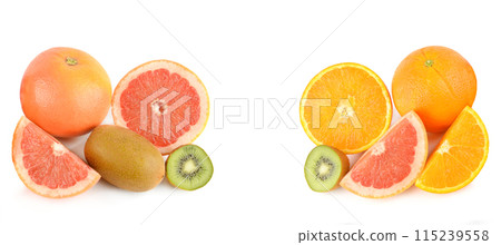 Kiwi, grapefruit and orange fruits isolated on white. Collage. Free space for text. Wide photo. 115239558