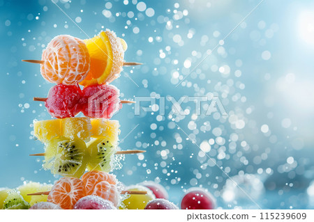 A stunning display of frozen fruit skewers featuring oranges, watermelon, pineapple, kiwi, and grapes, with a sparkling blue bokeh background 115239609