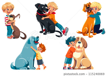 Set Cartoon Boys Hugging Dogs Set Cartoon Boys Hugging Dogs 115240069