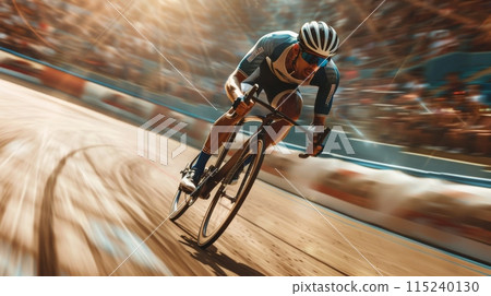 A track cycling race in action, cyclist in full sprint on velodrome. Curved track, blurred audience 115240130