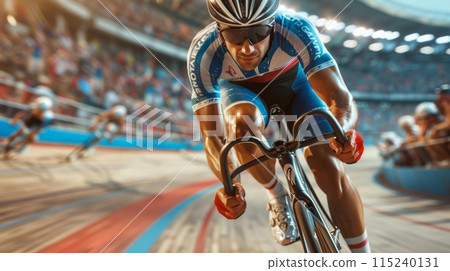 A track cycling race in action, cyclist in full sprint on velodrome. Curved track, blurred audience A track cycling race in action, cyclist in full sprint on velodrome. Curved track, blurred audience 115240131