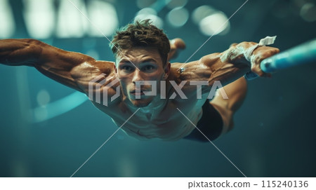 Dynamic image of a male gymnast performing on horizontal bar, gymnastics arena. Strength and agility Dynamic image of a male gymnast performing on horizontal bar, gymnastics arena. Strength and agility 115240136