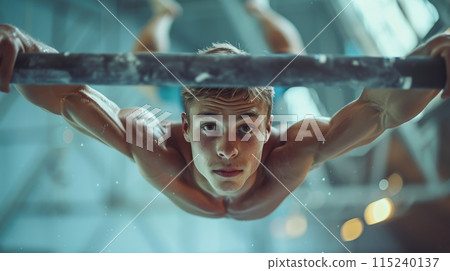 Dynamic image of a male gymnast performing on horizontal bar, gymnastics arena. Strength and agility Dynamic image of a male gymnast performing on horizontal bar, gymnastics arena. Strength and agility 115240137