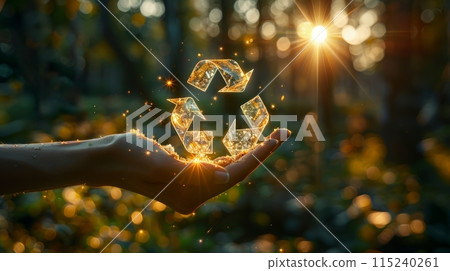 Hand holding recycle symbol with shining bright light background 115240261