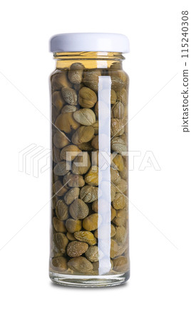 Pickled capers in a glass jar. Edible flower buds of Capparis spinosa, caper bush or Flinders rose. Pasteurized and preserved in a brine of water, vinegar and salt. Used as a garnish. Front view. 115240308