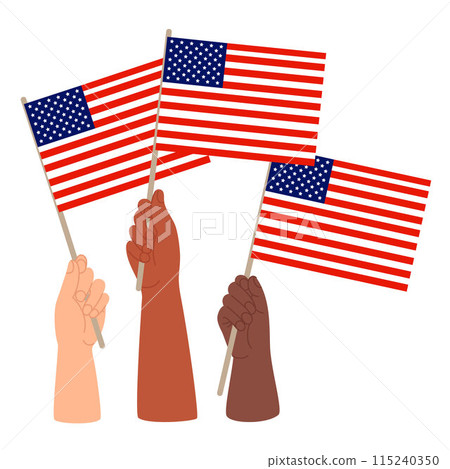 Diverse hands with American flags. Vector illustration in flat style for design national traditional holidays and Independence Day Diverse hands with American flags. Vector illustration in flat style for design national traditional holidays and Independence Day 115240350