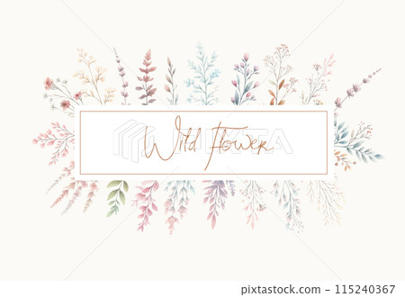 Wedding card design with wild flower frame. Floral invitation template. 115240367