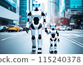 A robot mom and a robot child are standing in the middle of the street against the background of skyscrapers. horizontal. 115240378