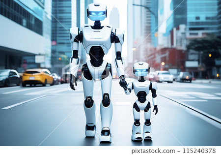 A robot mom and a robot child are standing in the middle of the street against the background of skyscrapers. horizontal. A robot mom and a robot child are standing in the middle of the street against the background of skyscrapers. horizontal. 115240378