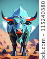 polygonal blue metal bull standing against the background of mountains and sky for decoration. vertical. 115240380