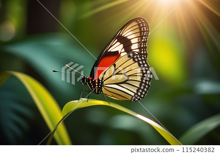 Close up of a beautiful tropical butterfly with folded wings on a green leaf. Close up of a beautiful tropical butterfly with folded wings on a green leaf. 115240382