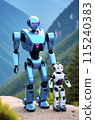 A robot dad and a robot child are walking along a trail in the mountains. vertical. 115240383