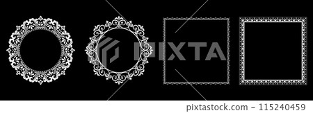 Set of decorative frames Elegant vector element for design in Eastern style, place for text. Floral black and white borders. Lace illustration for invitations and greeting cards. 115240459