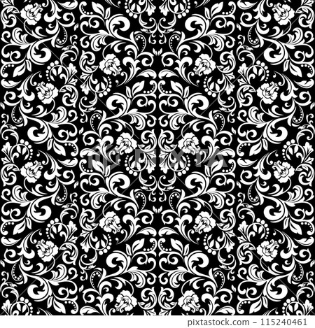 Wallpaper in the style of Baroque. Seamless vector background. White and black floral ornament. Graphic pattern for fabric, wallpaper, packaging. Ornate Damask flower ornament. 115240461