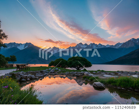 beautiful sunset over lake 115240689