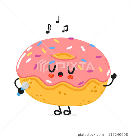 Doughnut sings into a microphone character. Vector hand drawn cartoon kawaii character illustration icon. Isolated on white background. Doughnut character concept Doughnut sings into a microphone character. Vector hand drawn cartoon kawaii character illustration icon. Isolated on white background. Doughnut character concept 115240698