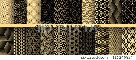 Geometric set of seamless black and golden patterns. Simple vector graphics 115240834