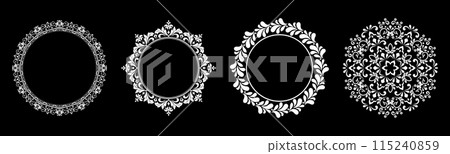 Set of decorative frames Elegant vector element for design in Eastern style, place for text. Floral black and white borders. Lace illustration for invitations and greeting cards. 115240859