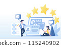 Customer satisfaction survey and feedback review concept. Positive and negative respond, rating star, loyalty, good experience. Gives 5 star rating satisfaction with the product or service.  115240902